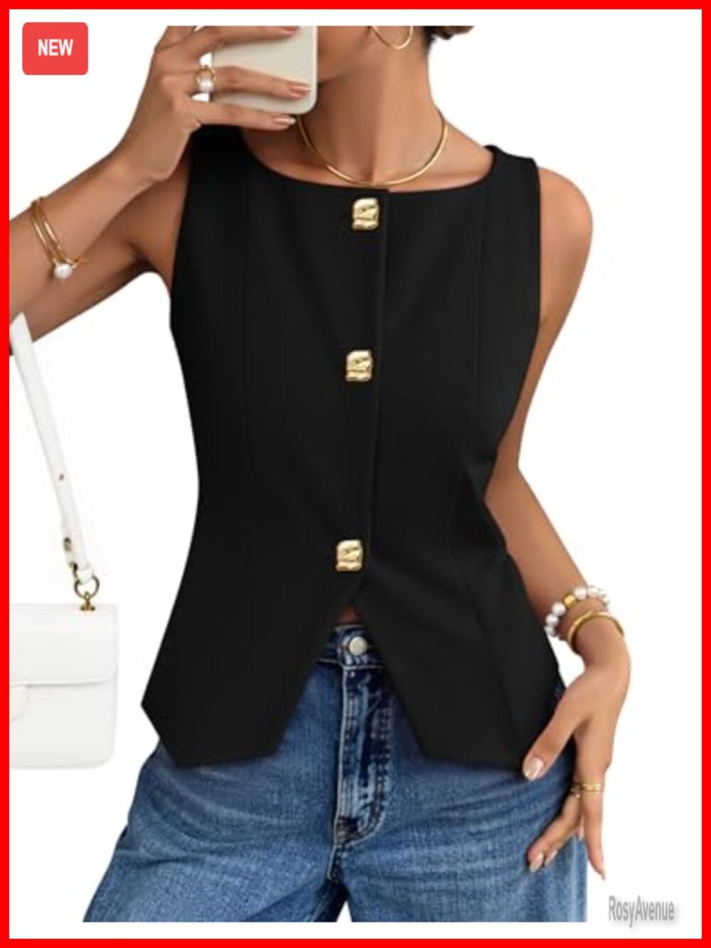Sleeveless Button Down Vest Top for Women Boat Neck Tie Back